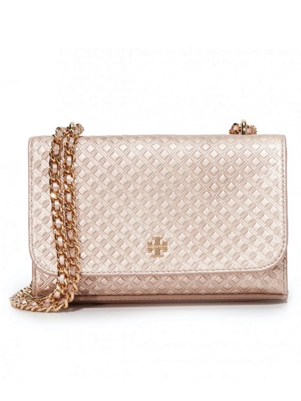 Tory Burch Metallic Quilted Crossbody Bag - Rose Gold